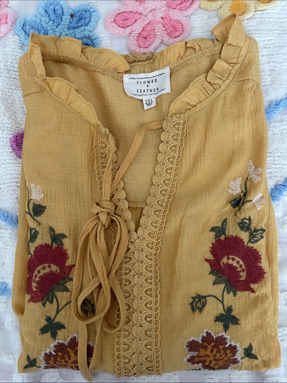 Boho 2xl plus size Mustard Floral Embroidered Tie-Front Blouse Flower Feather